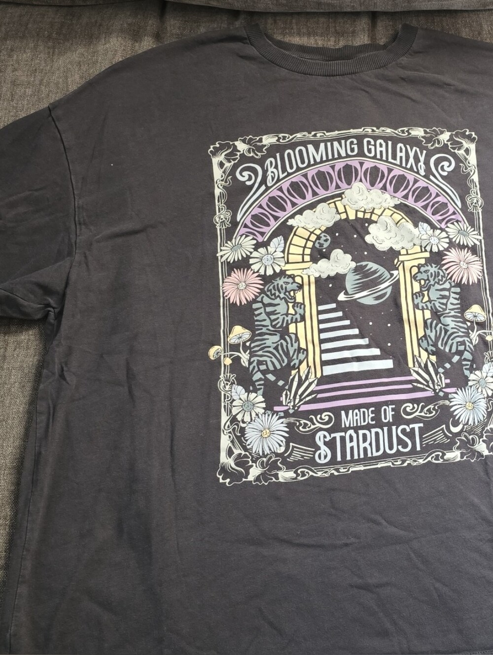 Blooming Galaxy Graphic Tee - Black with Pastel Floral Art